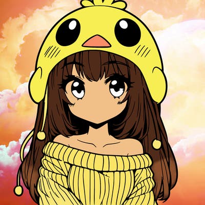 anime girl with chick shaped hat with sweater with bare shoulders with bangs covering them one eye with low tail