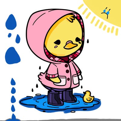 baby duck in a rain coat and boots, in a puddle while it’s raining