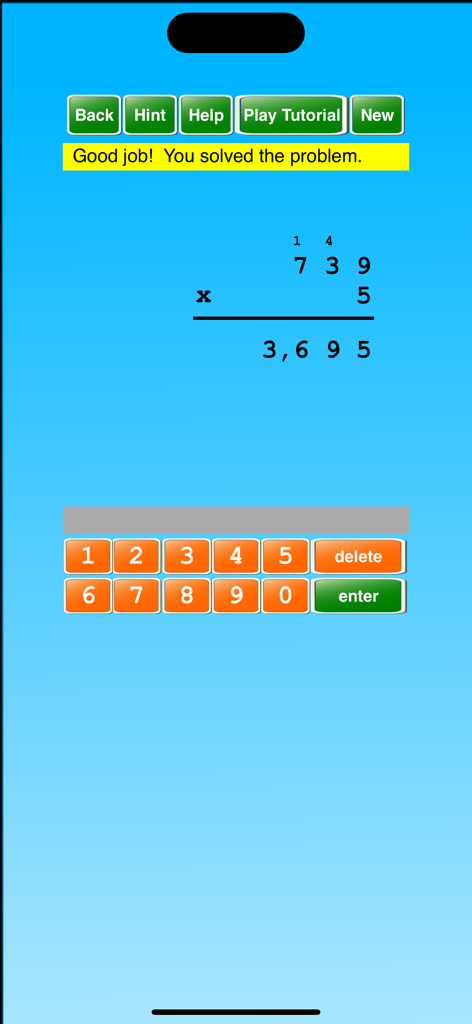 Long Division & Multiplication - A completed multiplication problem on the Long Division and Multiplication app interface