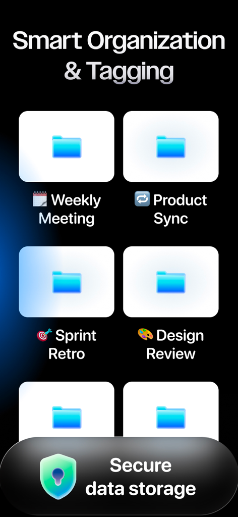Interfaz de la aplicación Noteleap AI que muestra carpetas organizadas para reuniones y almacenamiento seguro de datos