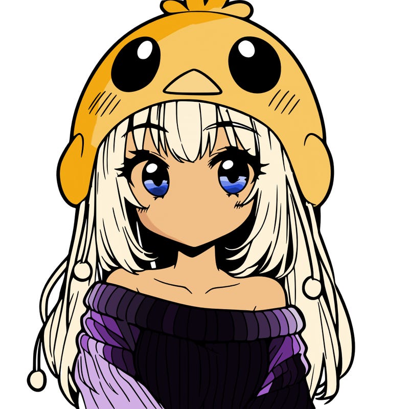 anime girl with chick shaped hat with sweater with bare shoulders with bangs covering them one eye with low tail