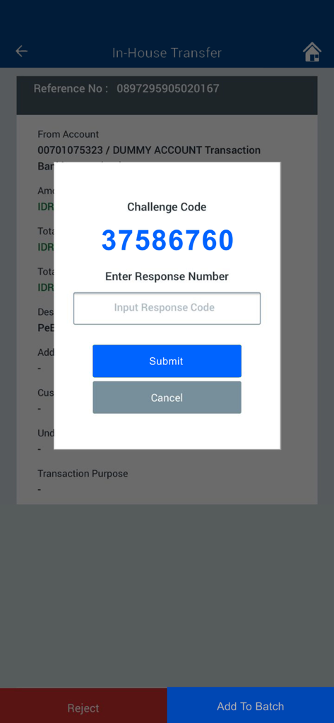 Permata eBusiness - Security challenge code screen for transaction approval in Permata eBusiness app