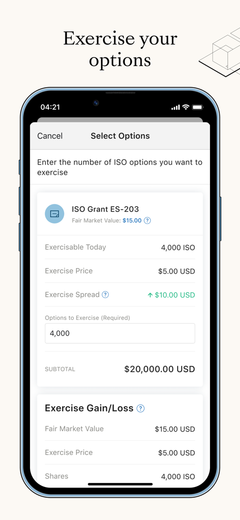 Carta - Manage Your Equity - Interface of the Carta mobile app showing the process to exercise ISO stock options