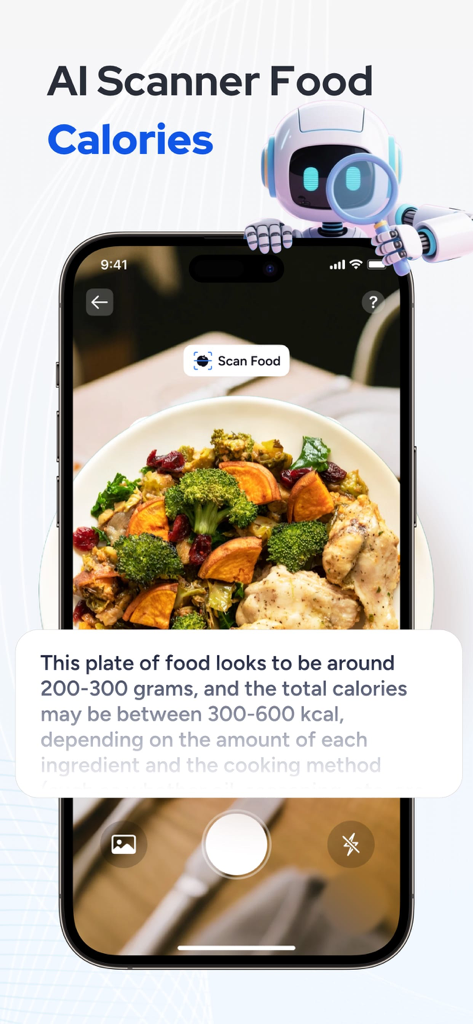 A smartphone screen from the InPulse app showing the AI Food Scanner feature estimating calories for a healthy chicken and vegetable bowl.
