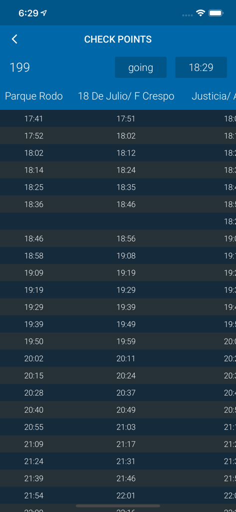 STM Montevideo app screen showing bus arrival times and transit checkpoints