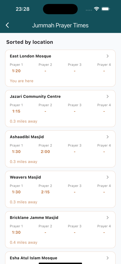 Tower Hamlets Mosques - A list of Jummah prayer times for various mosques in Tower Hamlets sorted by distance from the user location