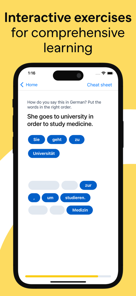 A smartphone screen displaying an interactive German sentence construction exercise in the Uben app.