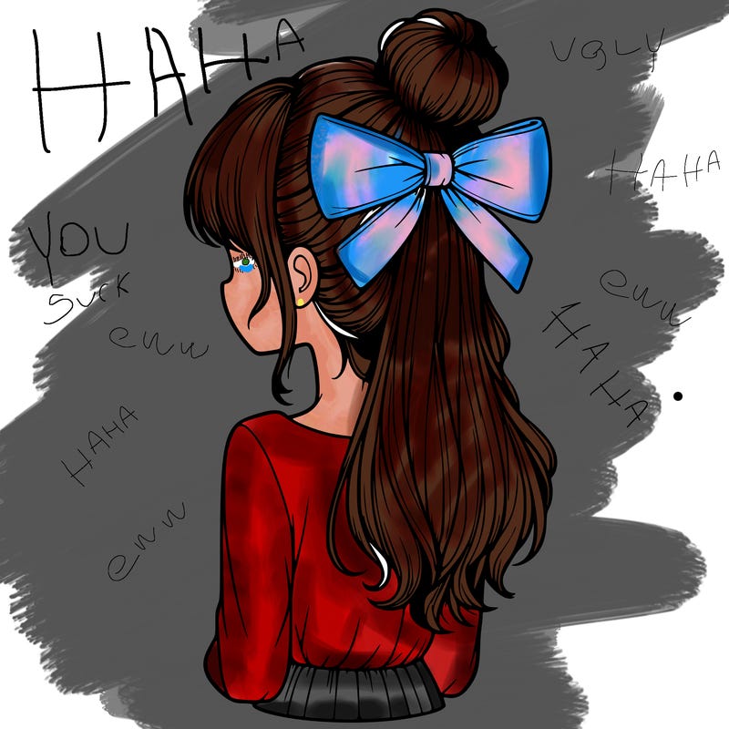 realistic girl  with hip length hair a bun and a big bow on the back of head
