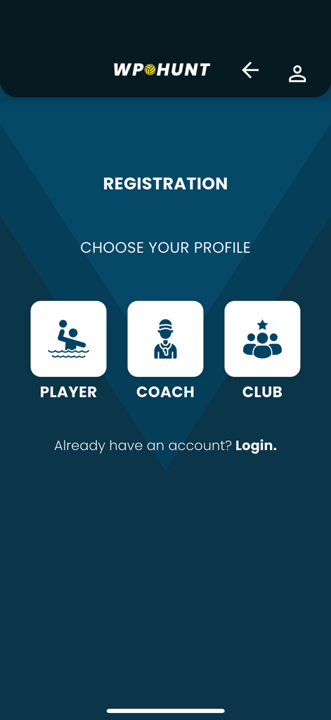 WpHunt - WpHunt registration screen where users can choose to sign up as a player, coach, or club.
