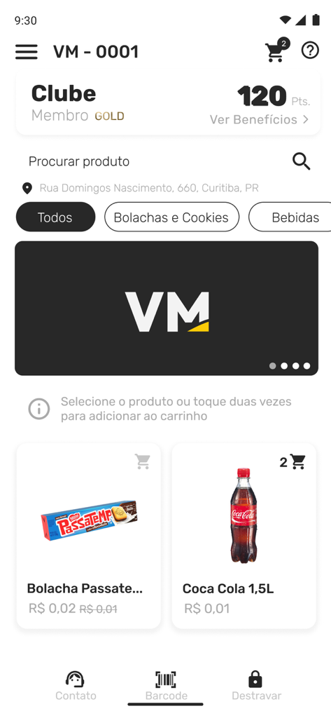 Interface principal do aplicativo VMmarket mostrando catálogo de produtos e recompensas de associação