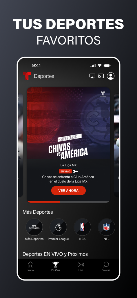 Telemundo app sports screen featuring live soccer matches and major league options.