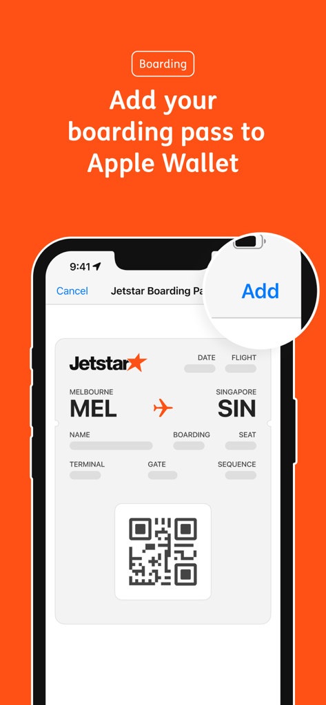 Jetstar - Jetstar mobile app showing a digital boarding pass on a smartphone with an option to add it to Apple Wallet