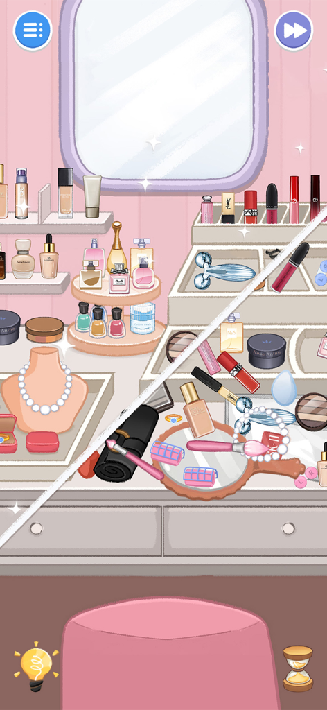 Before and after comparison of an organized makeup vanity in Housify Cleaning ASMR app.
