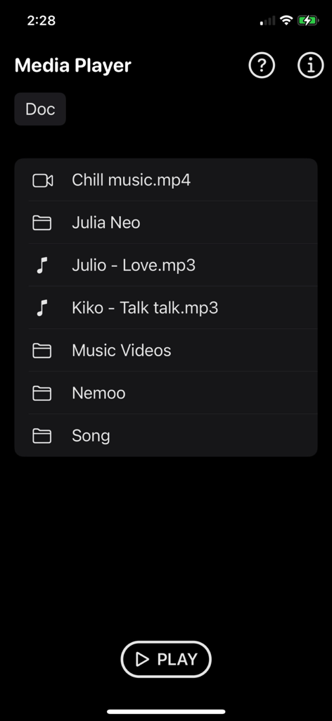 Media Player Plus - Media Player Plus app interface showing a list of music files and folders for offline playback.