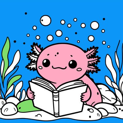 cute axolotl reading a book underwater