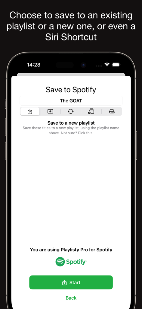 Playlisty for Spotify app screen showing options to save a transferred playlist to a new or existing collection or a Siri Shortcut
