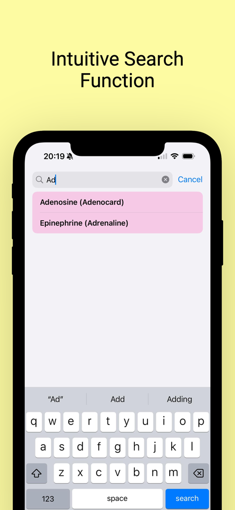 PedMed - PedMed app interface showing the intuitive search function with drug results for Adenosine and Epinephrine