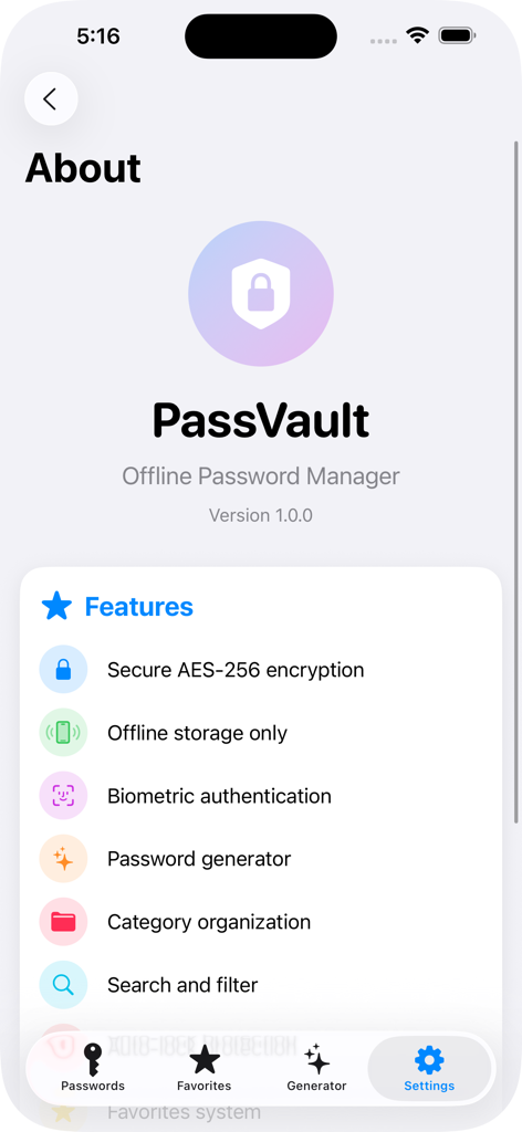 PassVault app About screen displaying a list of features including AES-256 encryption and offline storage
