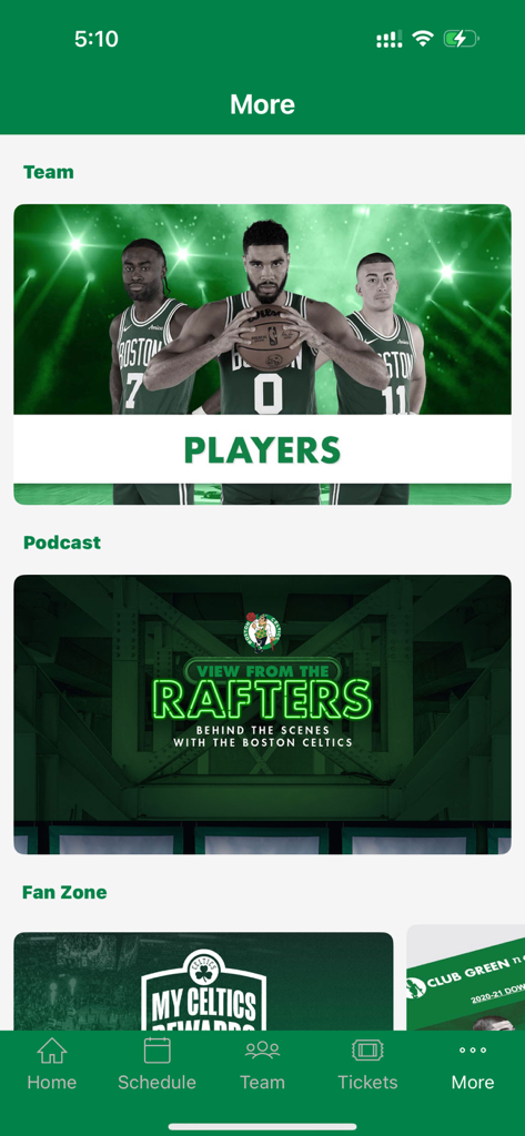 Boston Celtics - Screenshot of the Boston Celtics app more section featuring links to players podcast and fan rewards
