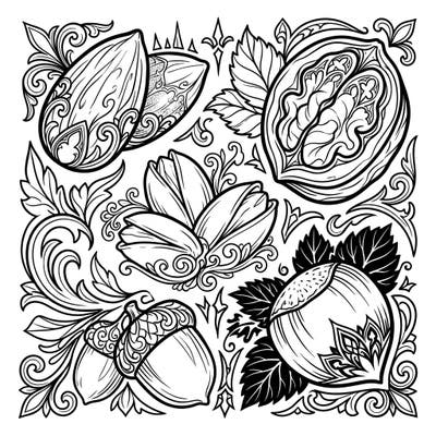 Dive into a whimsical world with our Gothic Nuts coloring page, perfect for young artists. This unique design combines detailed nut illustrations with elegant gothic flourishes, featuring thick lines ideal for easy coloring.
