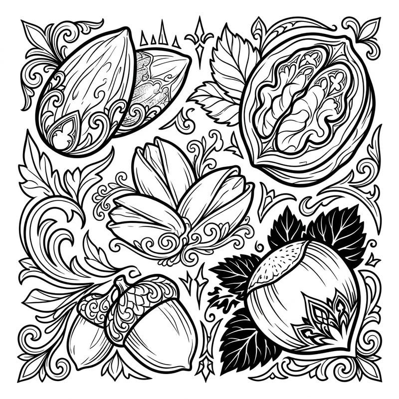 Dive into a whimsical world with our Gothic Nuts coloring page, perfect for young artists. This unique design combines detailed nut illustrations with elegant gothic flourishes, featuring thick lines ideal for easy coloring.