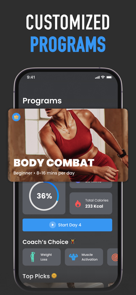 Six Pack in 30 Days:Get Muscle - Six Pack in 30 Daysのモバイルアプリインターフェースで、カスタムワークアウトプログラムとフィットネス進捗追跡を表示