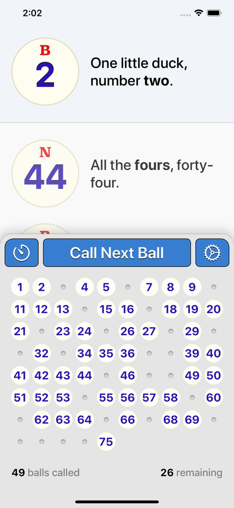 Bingo Machine - Number Caller - Mobile screen of Bingo Machine showing called numbers with catchphrases and game control panel