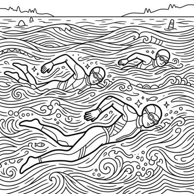Embark on an aquatic adventure with this captivating coloring page featuring open water swimmers gliding through dynamic waves. This intricate design is perfect for enthusiasts looking to bring a vibrant underwater scene to life.