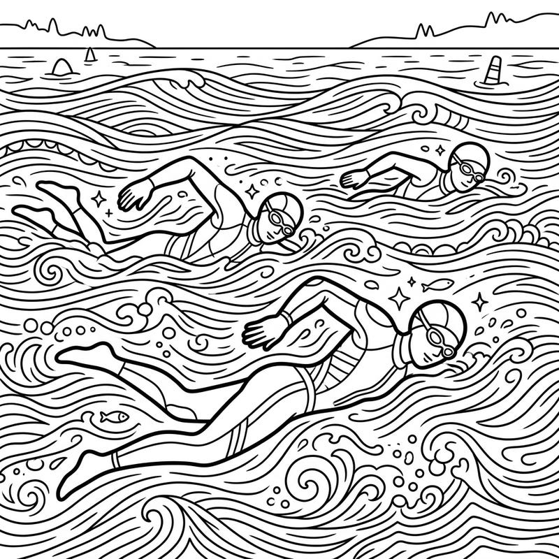 Embark on an aquatic adventure with this captivating coloring page featuring open water swimmers gliding through dynamic waves. This intricate design is perfect for enthusiasts looking to bring a vibrant underwater scene to life.