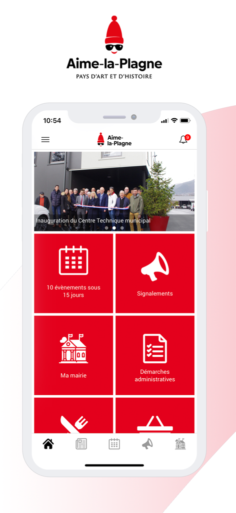 Aime-la-Plagne - The home screen of the Aime-la-Plagne municipal app featuring red tiles for local services and events.