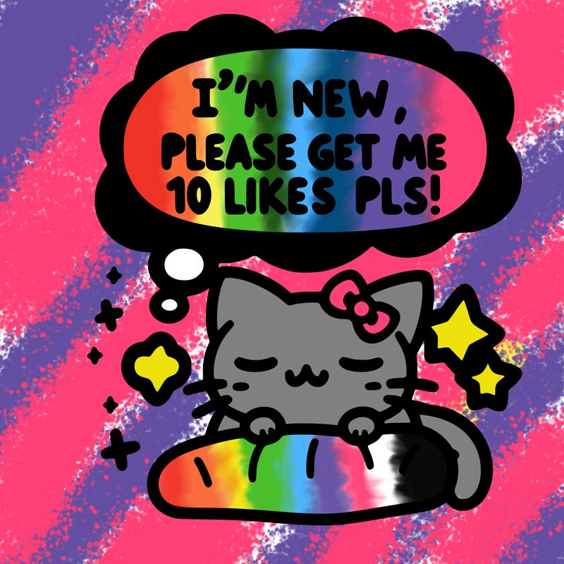 kitty taking a nap dream talking and saying "i'm new, please get me at least 10 likes pls!!"