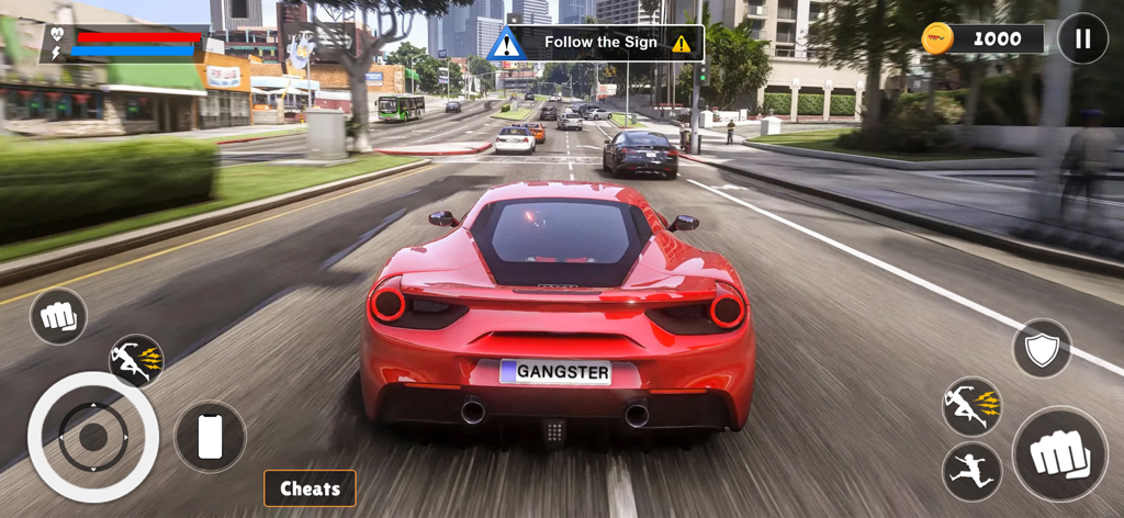 City Gangster Vice Mafia Wars - Vista en tercera persona de un coche deportivo rojo con matrícula GANGSTER conduciendo por una calle de la ciudad en un juego móvil de mundo abierto.