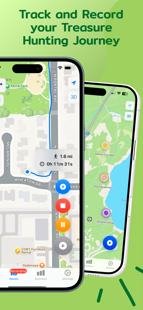 Treasure Tracker - Treasure Tracker app interface showing GPS route tracking and marked treasure find locations on a map