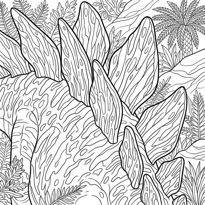 Delve into the prehistoric era with this captivating coloring page showcasing the iconic dorsal plates of a Stegosaurus. Featuring intricate details and a rich background of ancient flora, it promises a wonderfully engaging coloring adventure.