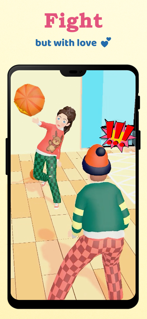 Two 3D characters in a playful argument with the text Fight but with love in Hold Love Couple Life