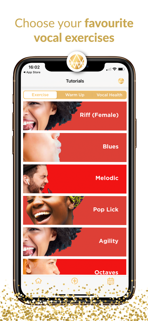 The Vocal Coach - A mobile app interface displaying a list of vocal training exercises including Riff, Blues, and Melodic categories.