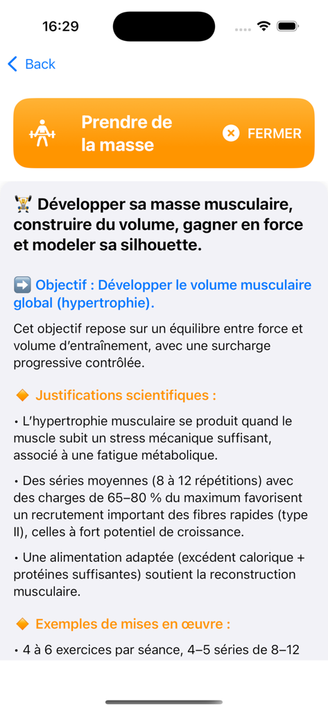 EPS Muscu AI - Una pantalla educativa detallada dentro de la aplicación EPS Muscu AI que explica los principios científicos de la hipertrofia y el desarrollo de la masa muscular para entrenadores y estudiantes.