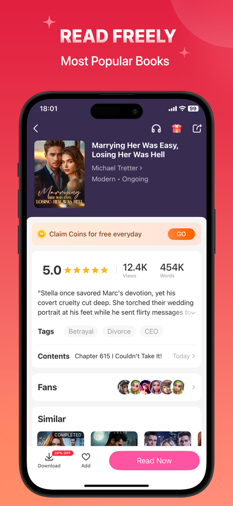 Kifflire:Fantasy Novel Stories - Kifflireのモバイルアプリインターフェース。CEOに関する人気のロマンス小説の詳細が表示されています。