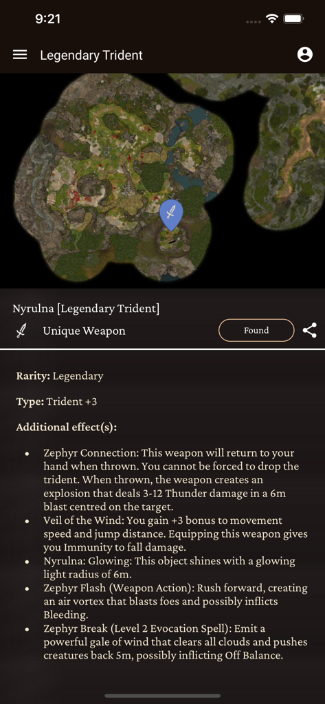 MapGenie: BG3 Map - Emplacement de la carte et statistiques de l'arme pour le trident légendaire Nyrulna dans l'application MapGenie BG3