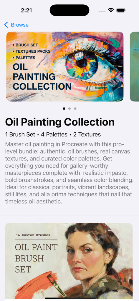Brushes for Procreate & Tools - ブラシセット、カラーパレット、キャンバスのテクスチャを備えたProcreate用の油絵コレクションの詳細。
