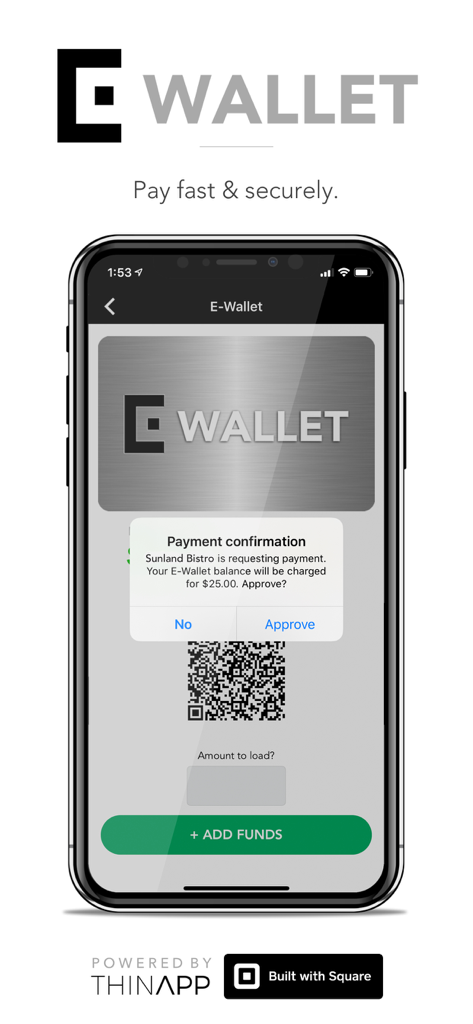 E-Wallet - Digital Cash - E-Wallet app screen showing a payment confirmation request and a QR code for a digital cash transaction