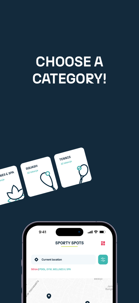 PassSport! - PassSport mobile app screen for choosing sports categories and viewing facility locations on a map