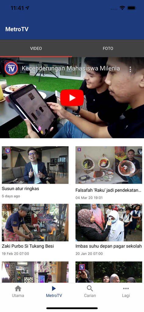 Harian Metro Mobile - MetroTV section of the Harian Metro Mobile app showing a curated feed of news videos and feature stories in Malay.