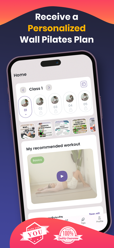 Wall Pilates: Fit Weight Loss - Interface of the Wall Pilates app displaying a personalized workout plan and recommended exercises