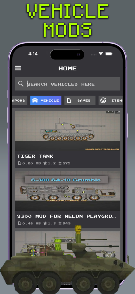Mods for Melon Playgrounds - Pantalla de la aplicación móvil que muestra una selección de mods de vehículos militares para Melon Playground, incluyendo un tanque y un lanzamisiles