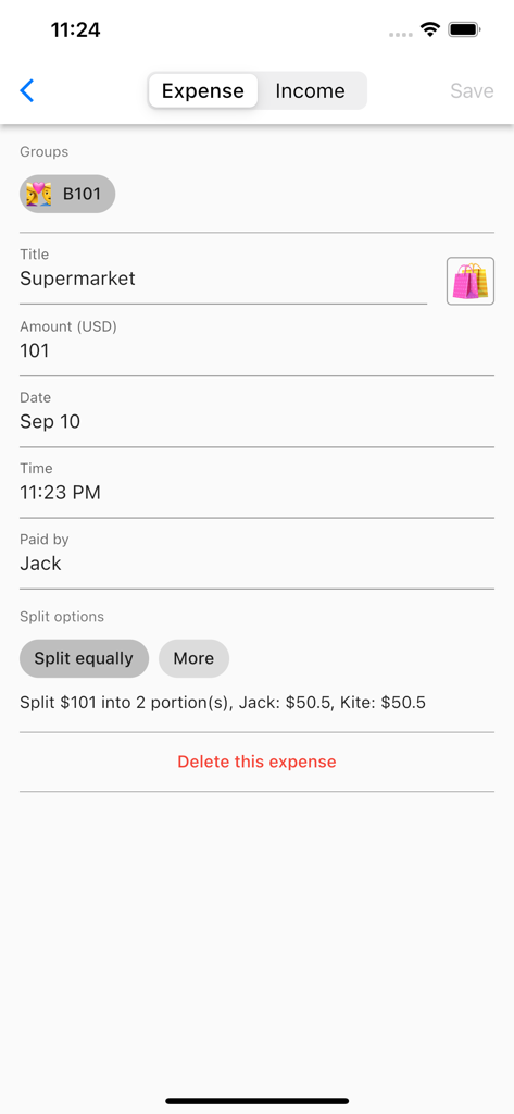 Split Bills With Friends - An expense entry screen in the app showing a supermarket bill split equally between two people.