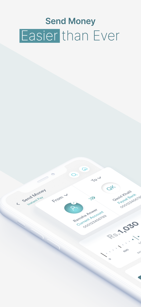 Faysal DigiBank mobile app screen displaying the Send Money and Instant Pay interface for seamless fund transfers