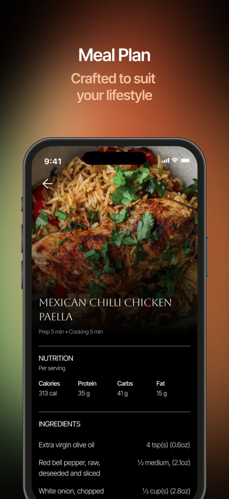 Glow Diet app screen showing a meal plan for Mexican chilli chicken paella with nutrition facts and ingredients.