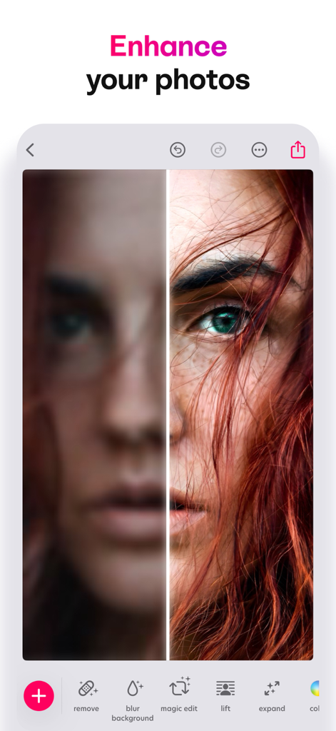 A before and after split screen comparison showing a blurry portrait being sharpened into a high quality photo using the Bazaart AI enhance feature