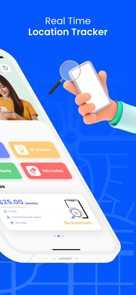 Mobile app interface showing real time location tracker and reverse lookup features